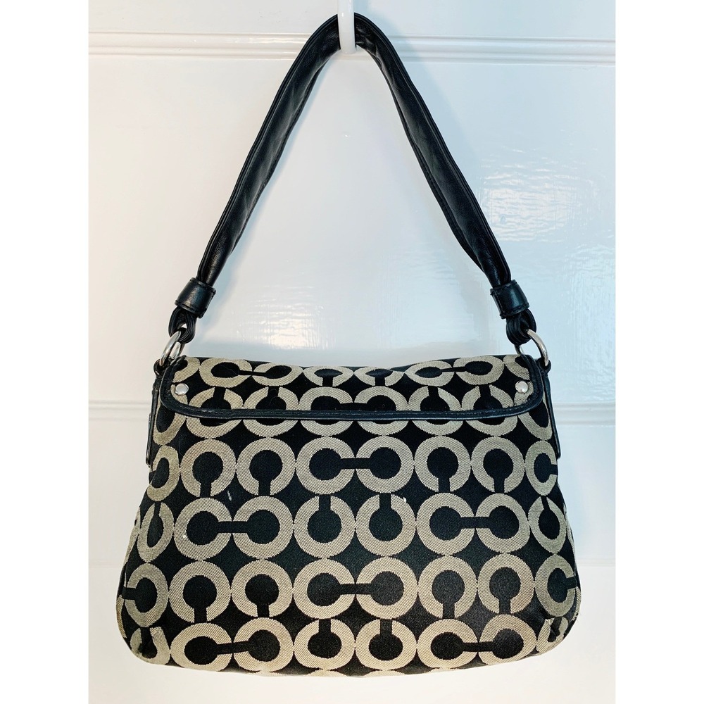 Authentic Coach Kristin "C" Opt Art Canvas Black & Beige Satchel Handbag / Small - Picture 2 of 16